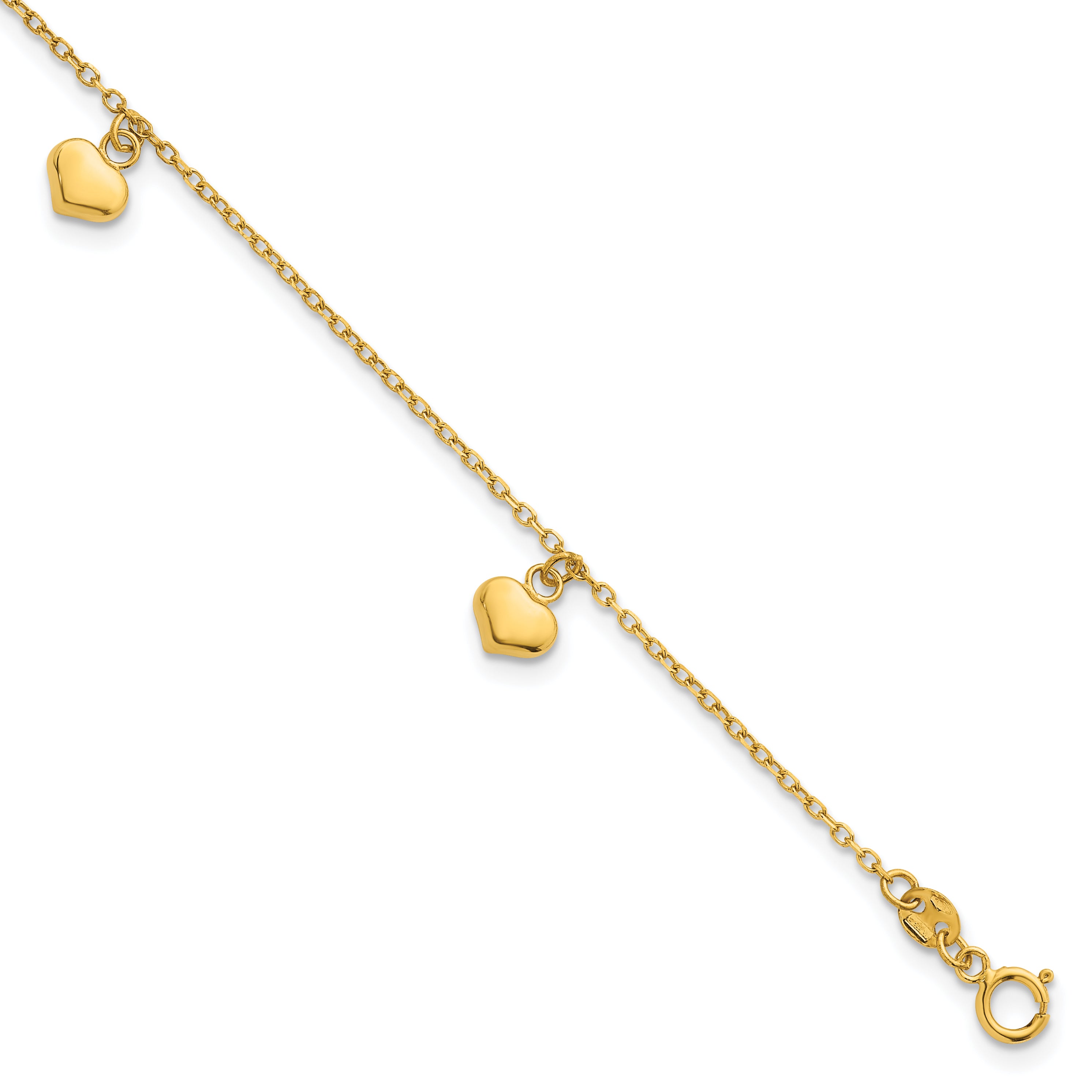 14k Polished Three Puffed Heart Dangle 6.5 inch Childrens Bracelet Plus 0.75 inch Extender