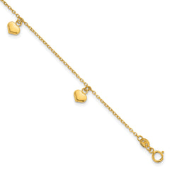 14k Polished Three Puffed Heart Dangle 6.5 inch Childrens Bracelet Plus 0.75 inch Extender