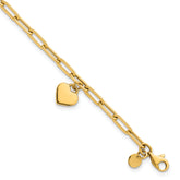 14k Polished Flat Dangle 9mm Heart Paperclip Link 7.25 inch Bracelet