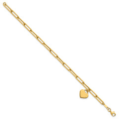 14k Polished Flat Dangle 11mm Heart Paperclip Link 7.5 inch Bracelet
