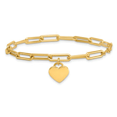 14k Polished Flat Dangle 11mm Heart Paperclip Link 7.5 inch Bracelet