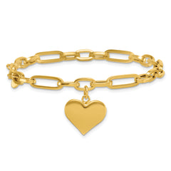 14k Polished Paperclip Figaro Link With Puffed Heart Dangle 7.5 inch Bracelet