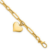 14k Polished Paperclip Figaro Link With Puffed Heart Dangle 7.5 inch Bracelet