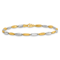 14k Two-tone Polished and Textured Fancy Marquise-shaped Link 7.5 inch Bracelet