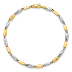 14k Two-tone Polished and Textured Fancy Marquise-shaped Link 7.5 inch Bracelet