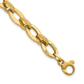 14K Polished and Textured Greek Key Etched 10mm Fancy Oval Link 7.75 inch Bracelet