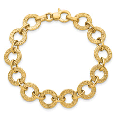 14K Polished and Textured 12mm Fancy Round Link 7 inch Bracelet