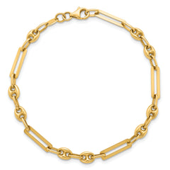 14K Polished 4mm Fancy Paperclip and Puffed Anchor/Mariner Link 7.5 inch Bracelet