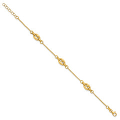 14K Polished and Textured 10.6mm Greek Key Etched Link 7.25 inch Bracelet Plus 1 inch Extender