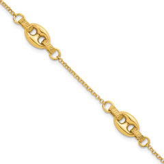 14K Polished and Textured 10.6mm Greek Key Etched Link 7.25 inch Bracelet Plus 1 inch Extender