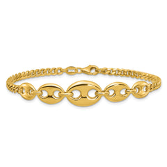 14k Polished Graduated Puffed Mariner and Curb Link 7 inch Bracelet