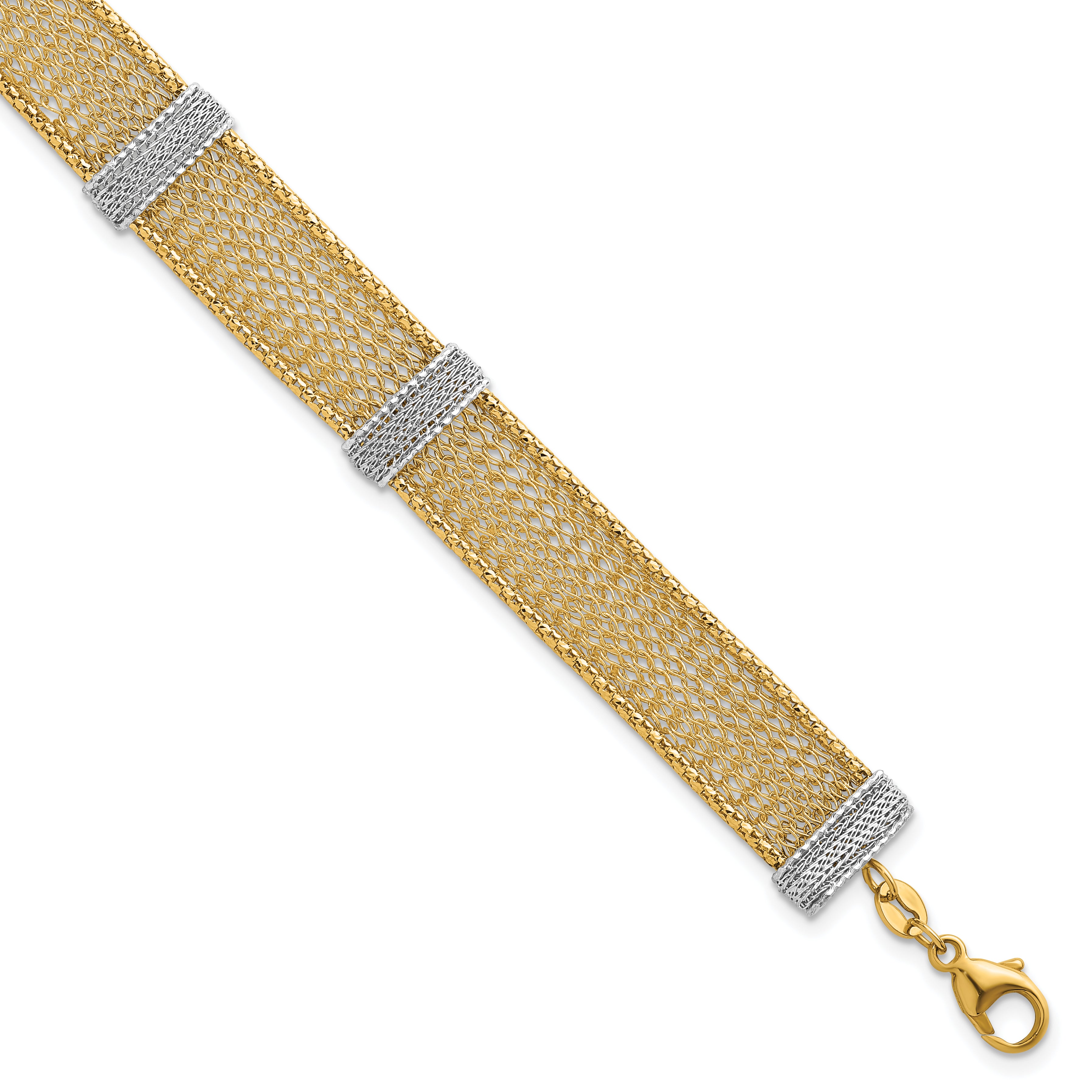 14k Two-tone Textured 10.6mm Mesh 6.75 inch Bracelet Plus 1 inch Extender