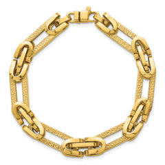 14k Polished and Textured 7.6mm Fancy Greek Key Design Oval Link 7.25 inch Bracelet