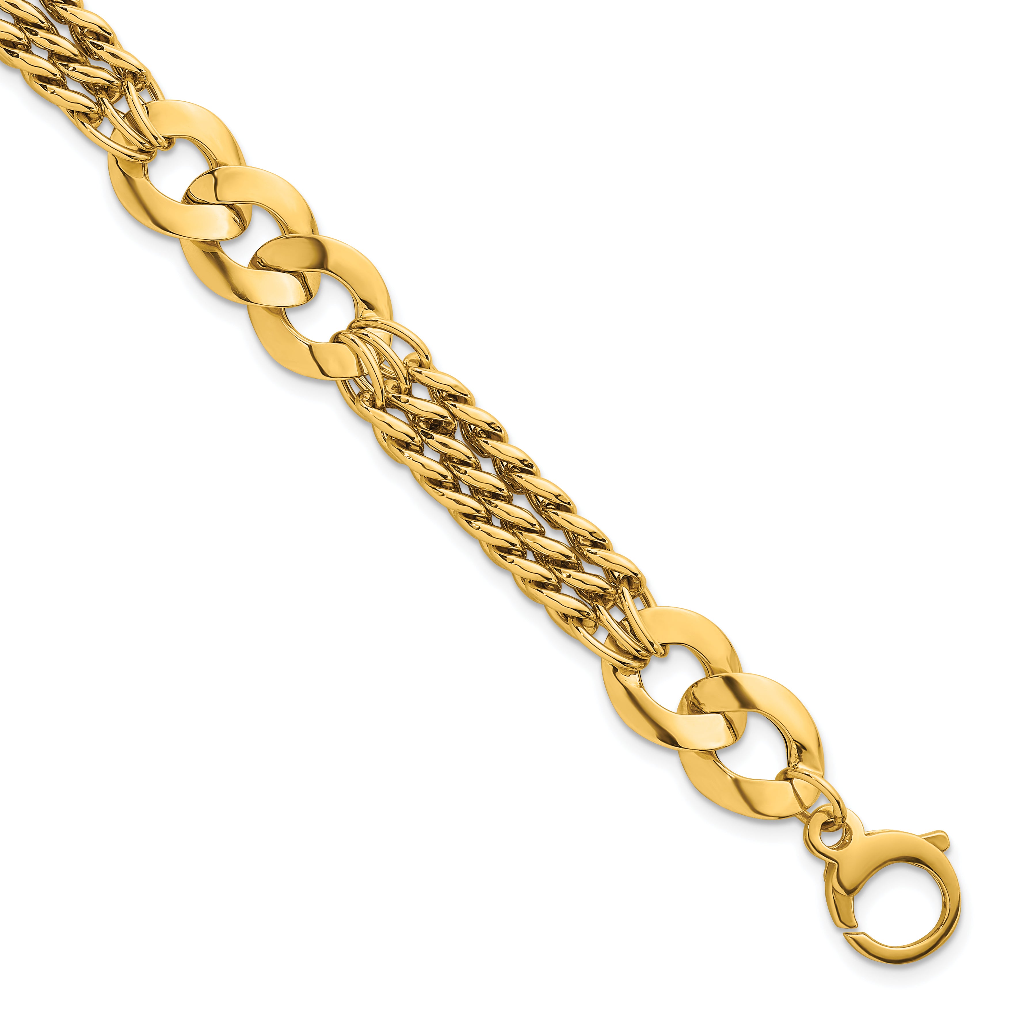 14k Polished 11.1mm Lightweight Link and Triple Strand Fancy Curb 7.25 inch Bracelet