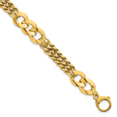 14k Polished 11.1mm Lightweight Link and Triple Strand Fancy Curb 7.25 inch Bracelet