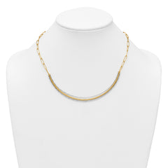 14k Two-Tone Textured Woven Curved Bar with Long Link 17 inch Necklace Plus 2 inch Extender