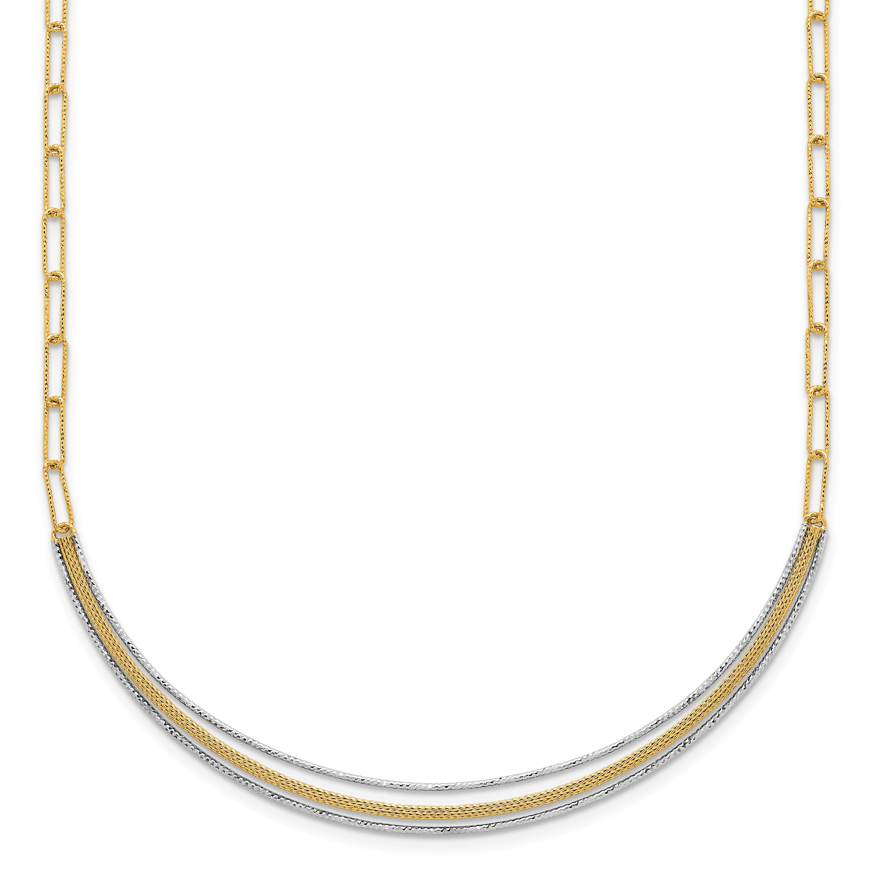 14k Two-Tone Textured Woven Curved Bar with Long Link 17 inch Necklace Plus 2 inch Extender