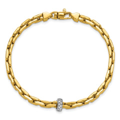 14K Two-tone Polished Fancy Link with CZ Bead 7.5 inch Bracelet