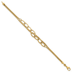 14K Polished and Textured Woven Double Strand with Oval Links 7.25 inch Bracelet