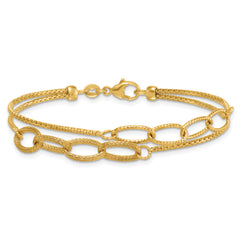 14K Polished and Textured Woven Double Strand with Oval Links 7.25 inch Bracelet