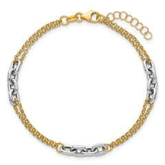14K Two-Tone Polished Fancy Oval Link and Double Strand Chain 7.25 inch with 1 inch extension Bracelet