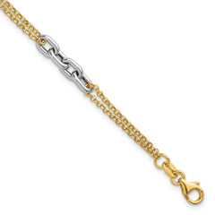 14K Two-Tone Polished Fancy Oval Link and Double Strand Chain 7.25 inch with 1 inch extension Bracelet