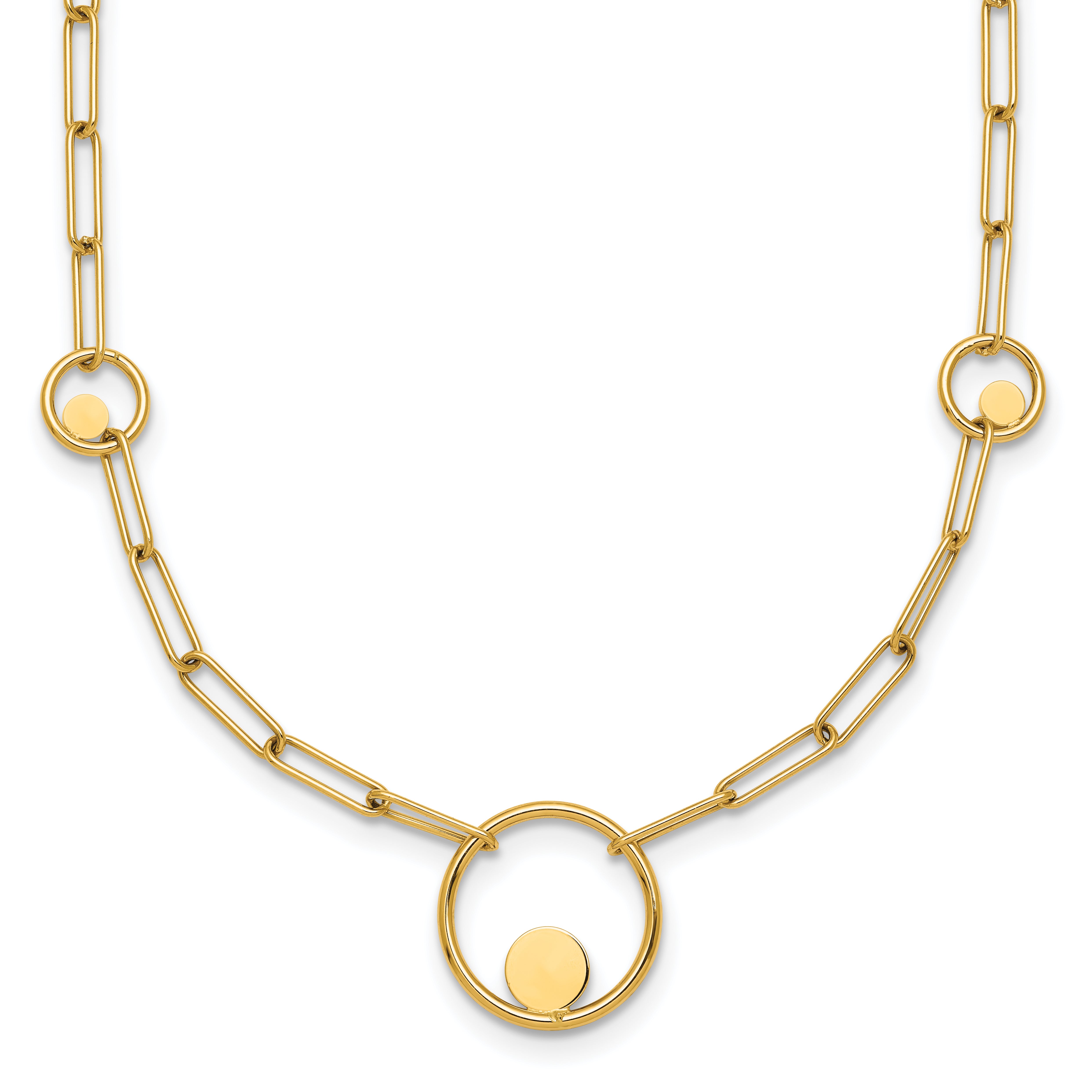 14k Polished Circle in Circle and Paper Clip Links 3-Station 16.75 inch Necklace