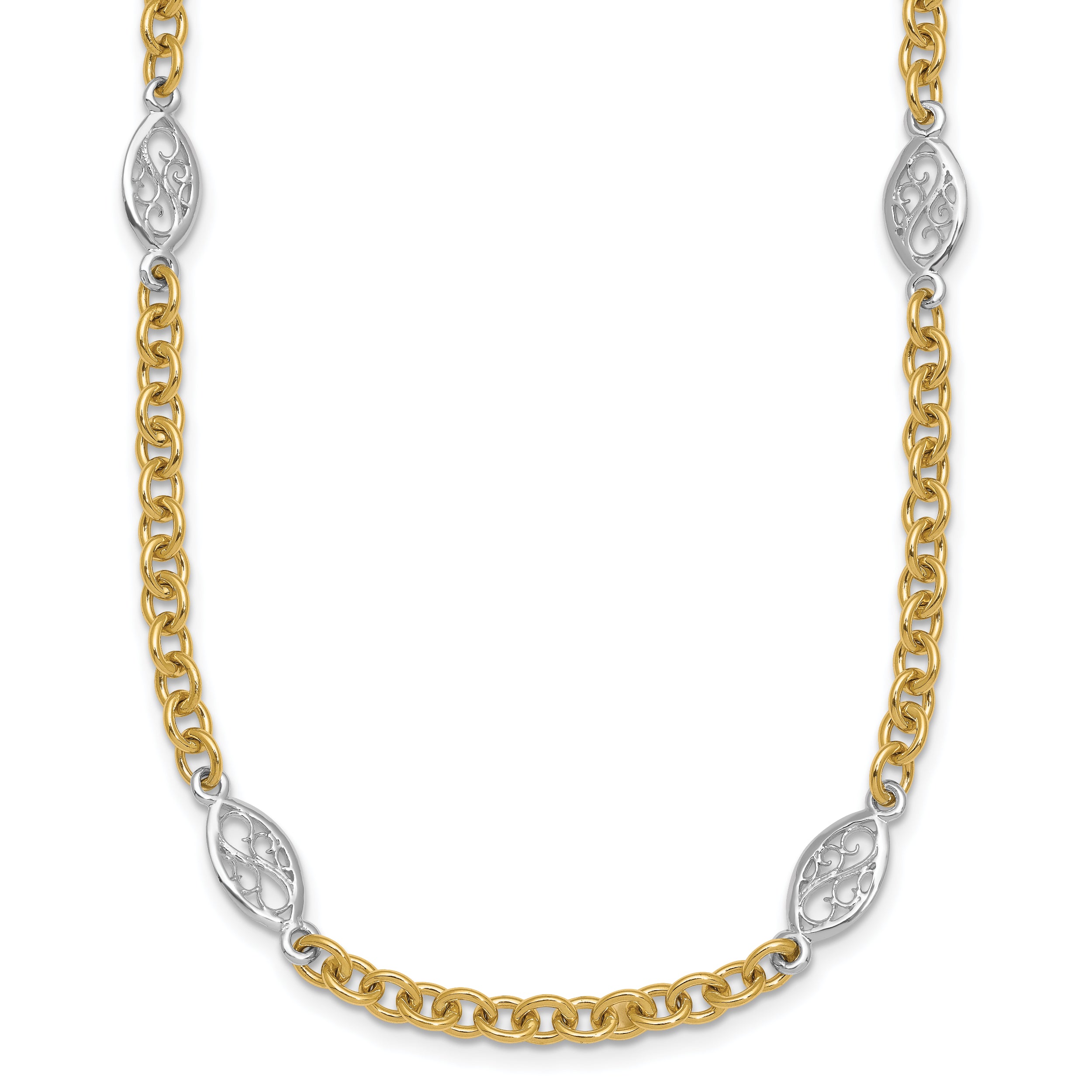 14k Two-tone Polished 6.5mm Fancy Cable Chain and Filigree Oval 18 inch Necklace