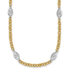 14k Two-tone Polished 6.5mm Fancy Cable Chain and Filigree Oval 18 inch Necklace