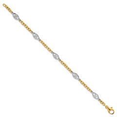 14k Two-tone Polished 6.5mm Fancy Cable Chain and Filigree Oval 7.25 inch Bracelet