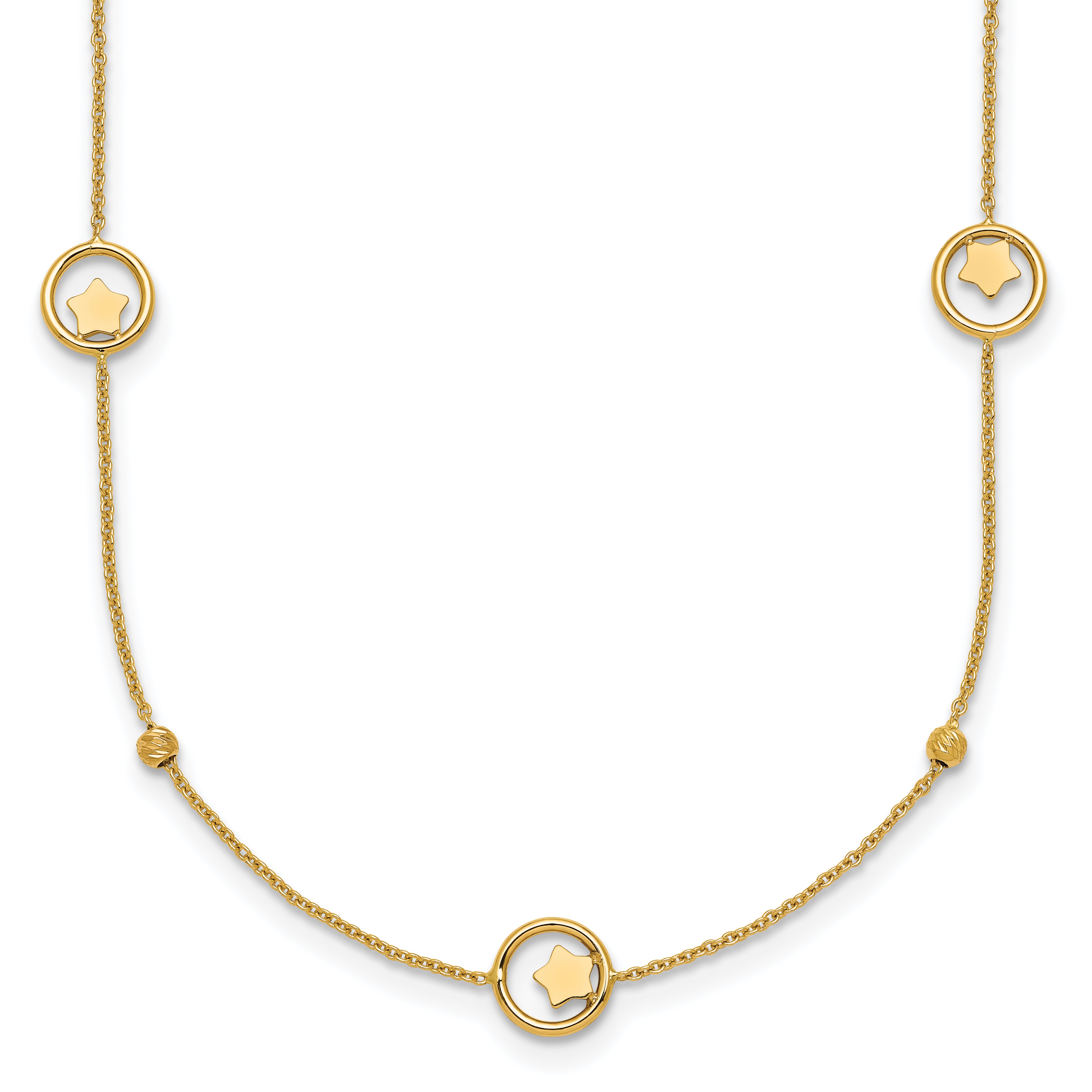 14k Polished Stars in Circle with Diamond-cut Beads 7-Station 16.75 inch Necklace