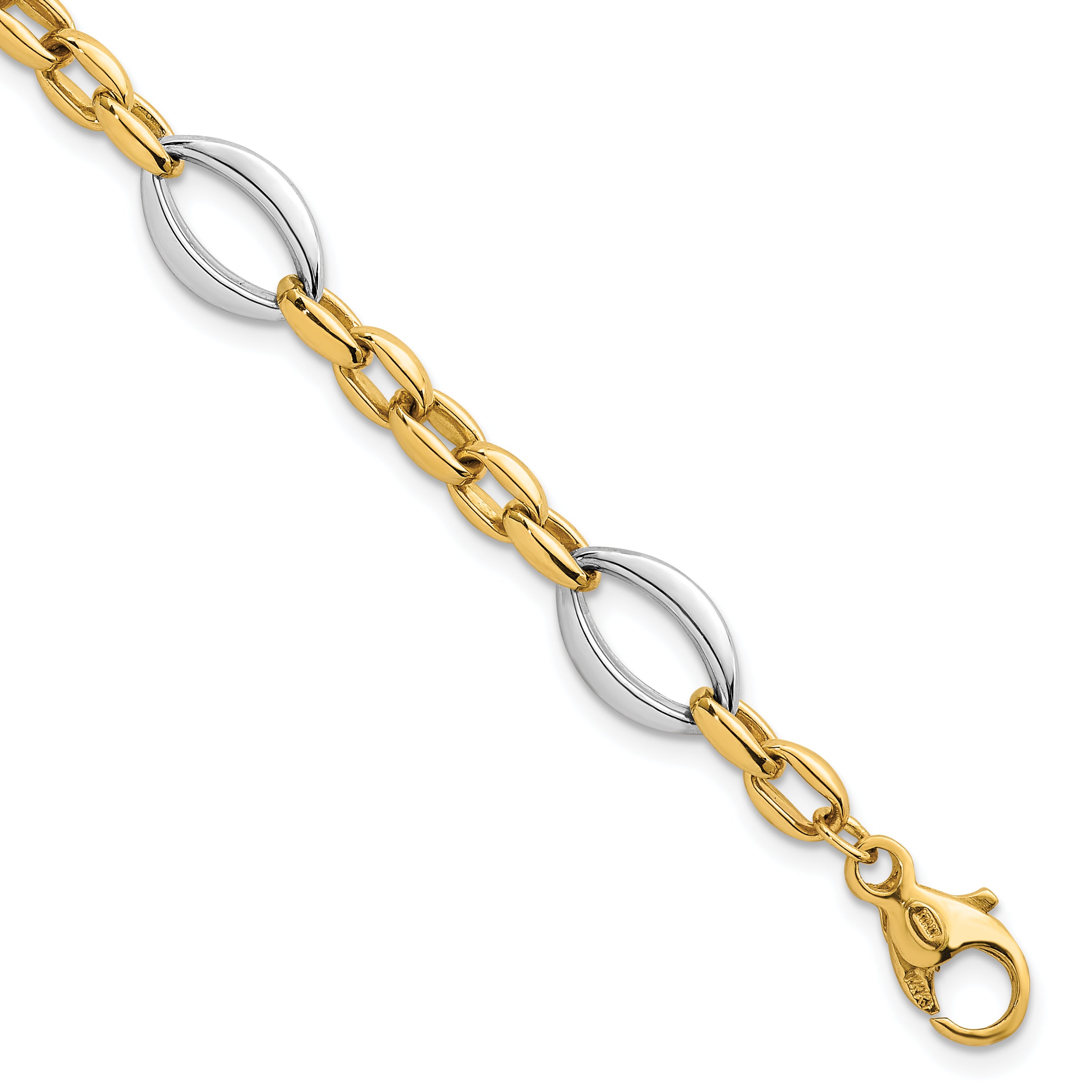 14k Two Tone Polished Oval and Cable Chain 7.25 inch Bracelet