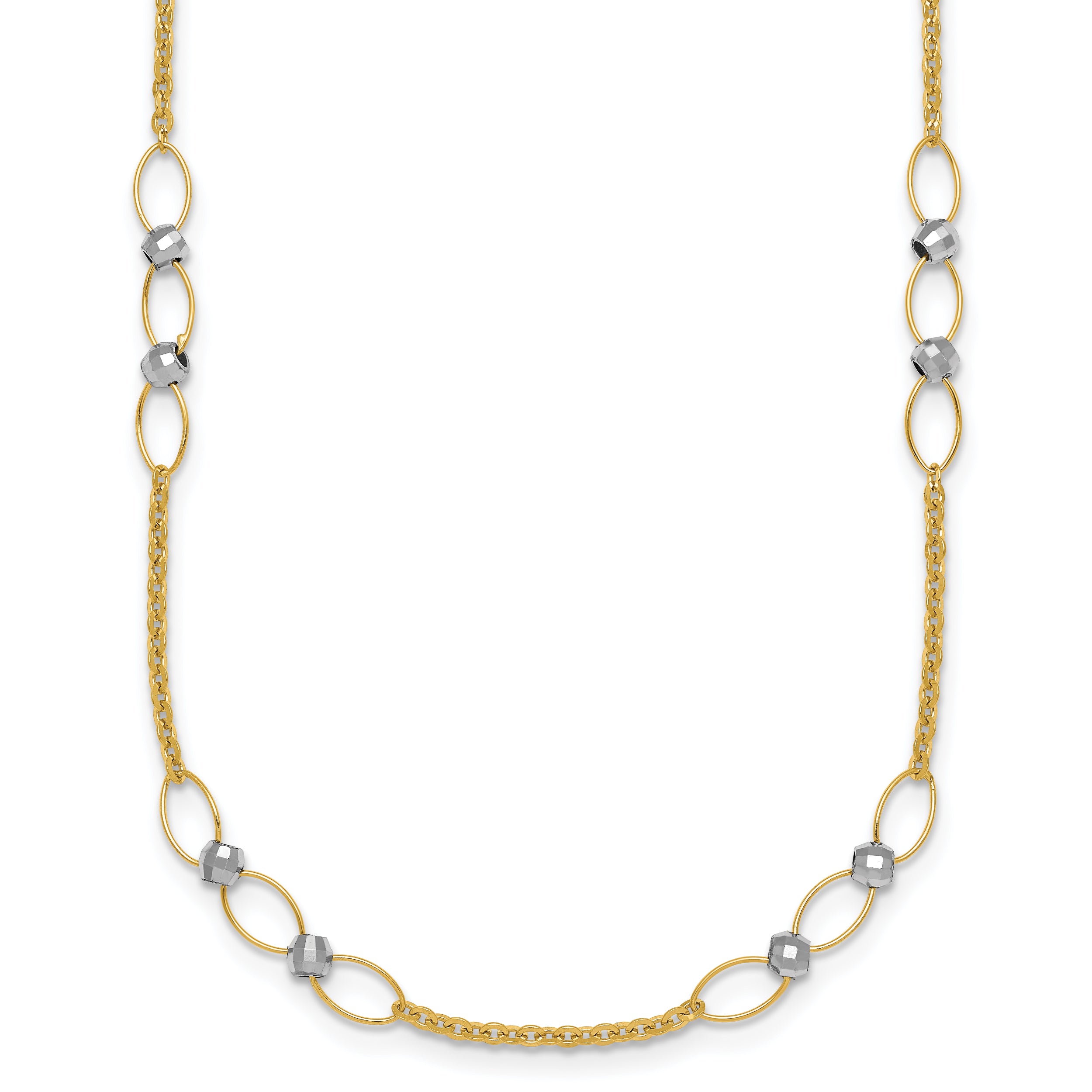 14k Two-tone Polished Oval Links and Faceted Beads 18 inch Necklace