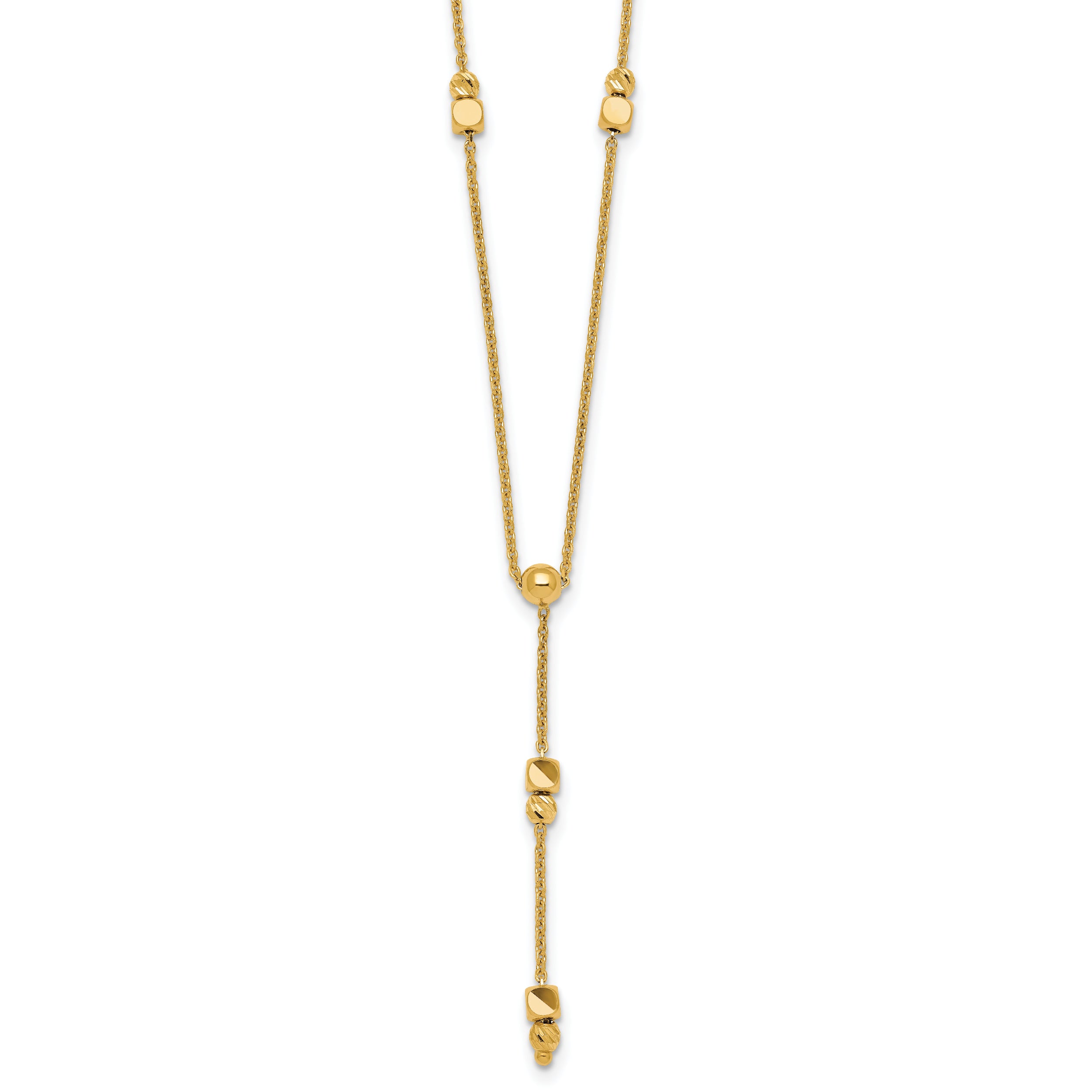 14K Polished Diamond-cut and Beaded 16 Inch Lariat Necklace Plus 2 Inch Extender