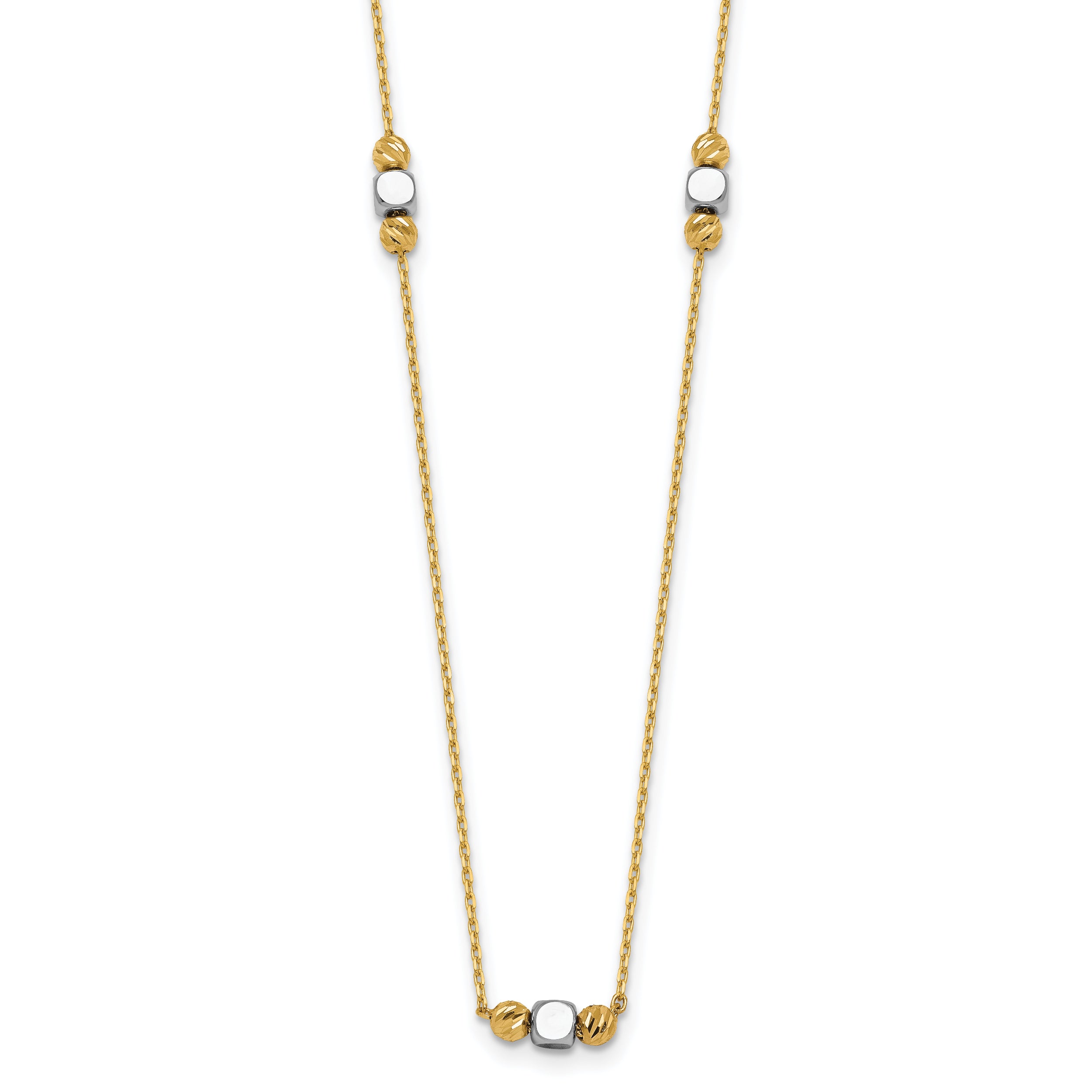 14K Two-Tone Polished Diamond-cut and Square Bead 5-Station 16 inch Necklace Plus 2 inch Extender