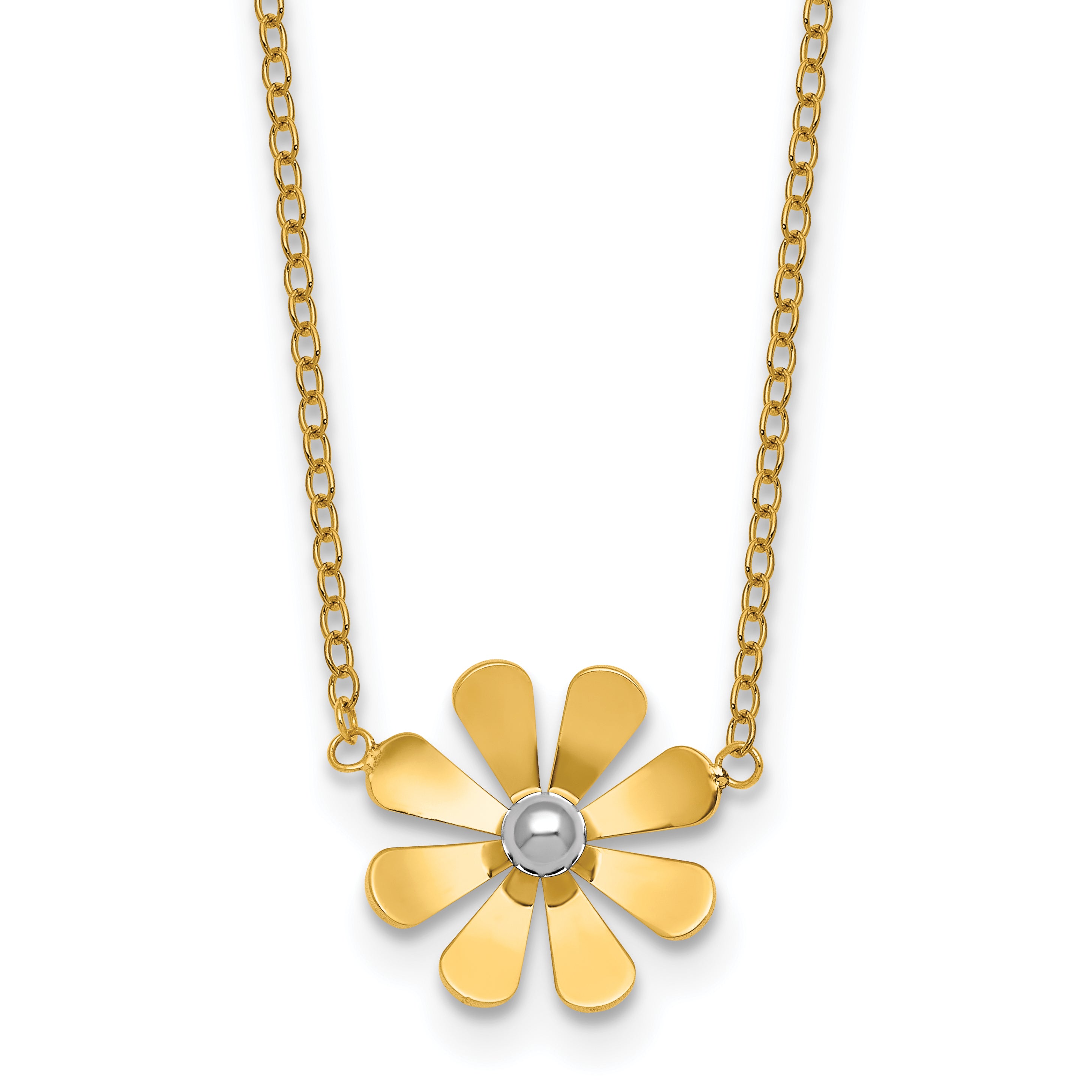 14k Polished Daisy with White Rhodium Center 16 inch Necklace with 2 inch Extender