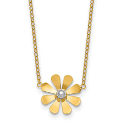 14k Polished Daisy with White Rhodium Center 16 inch Necklace with 2 inch Extender