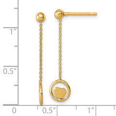 14k Polished Heart in Circle with Chain Dangle Post Earrings