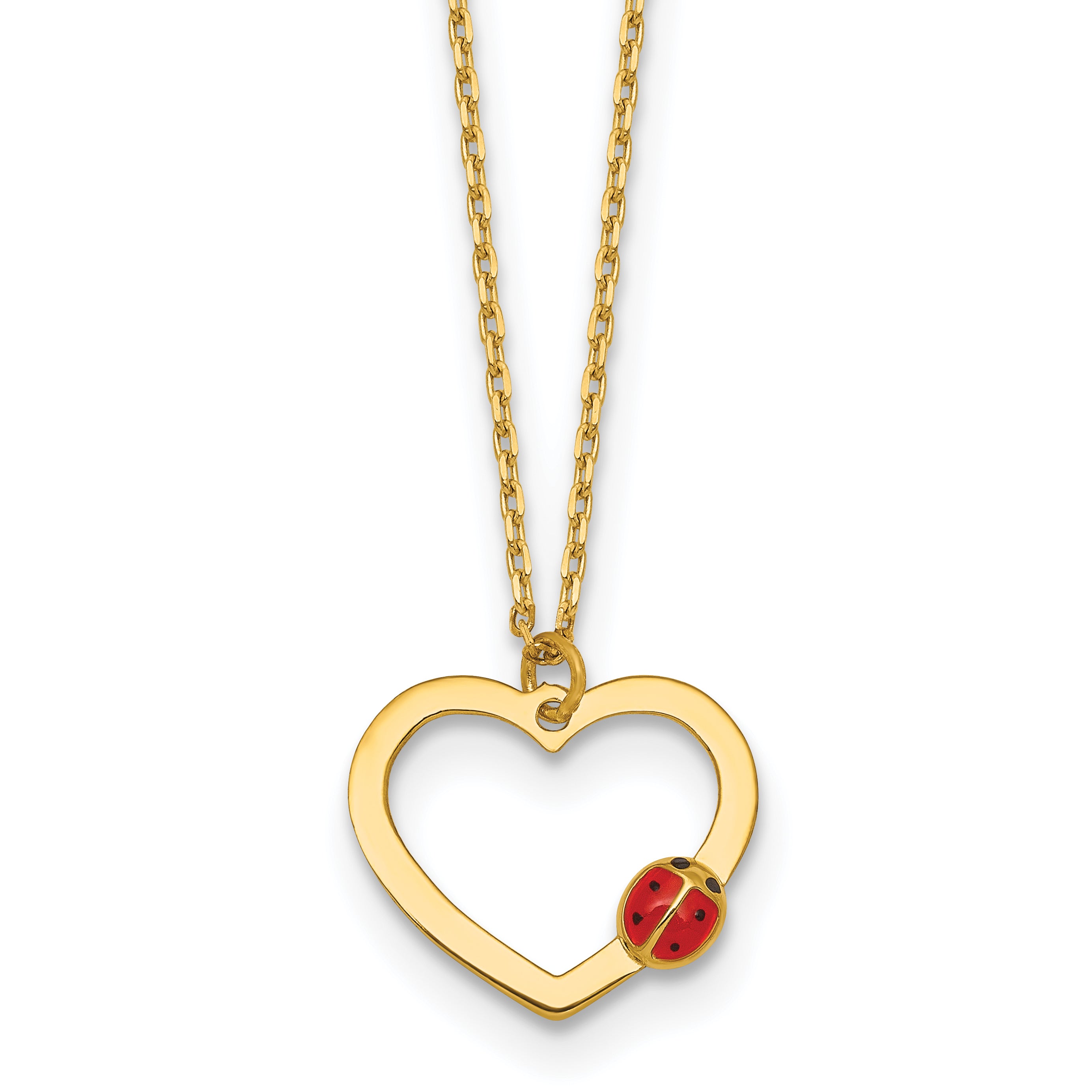 14k Polished Heart with Red and Black Enamel Ladybug 15.5 inch Childrens Necklace Plus 0.75 inch Extender