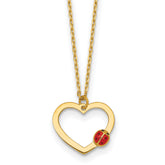 14k Polished Heart with Red and Black Enamel Ladybug 15.5 inch Childrens Necklace Plus 0.75 inch Extender