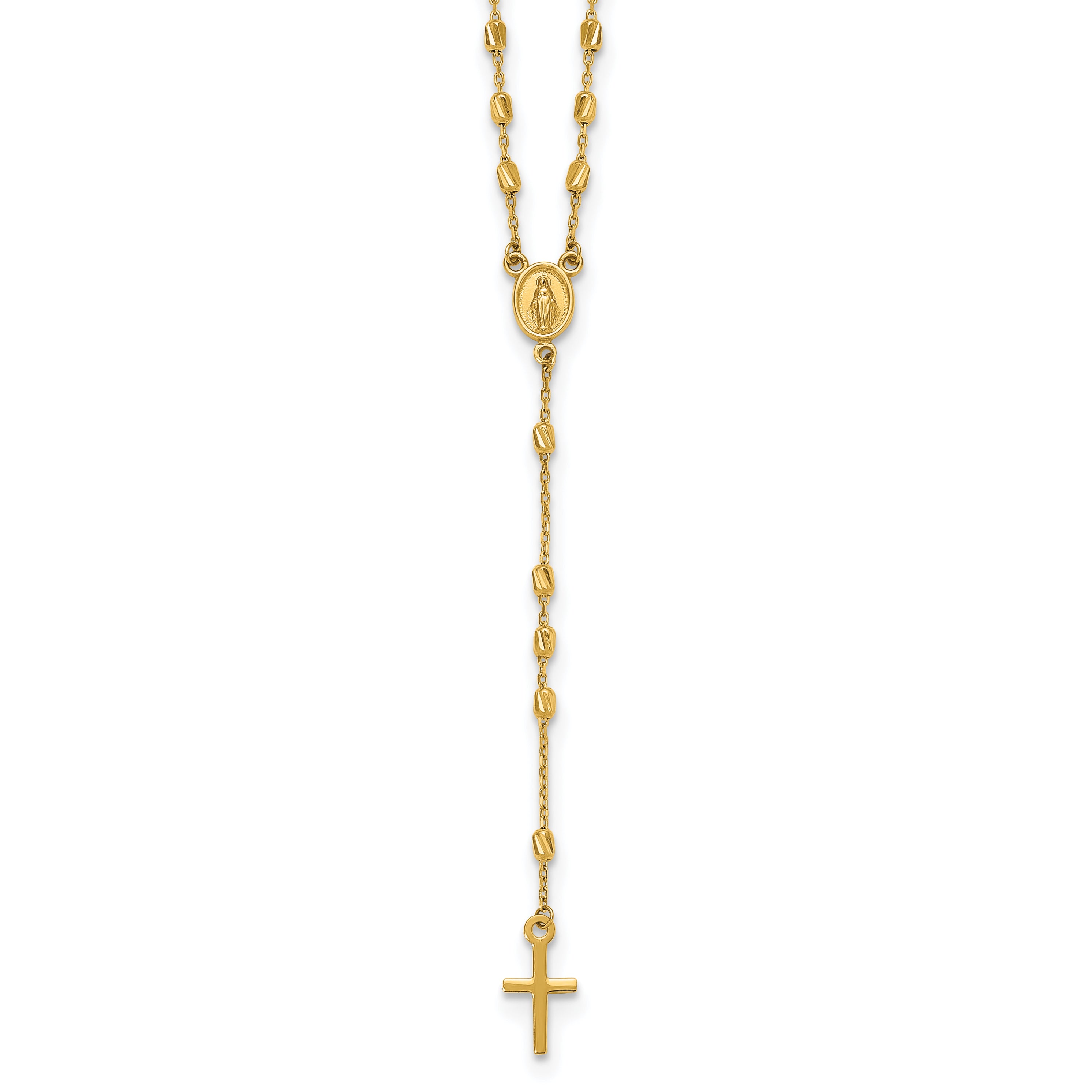 14k Polished Cross and Miraculous Medal Diamond-cut Beaded 16.75 inch Rosary Necklace with 2 inch Extender
