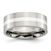 Chisel Stainless Steel with Sterling Silver Inlay Polished 8mm Flat Band