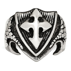 Chisel Stainless Steel Antiqued Polished and Textured Shield Ring
