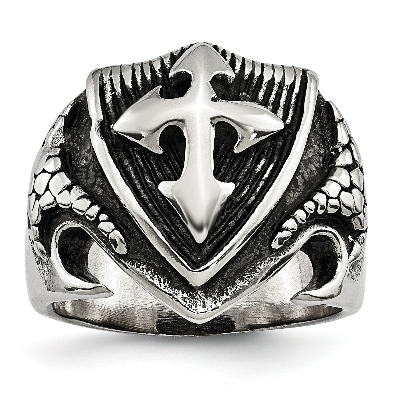 Chisel Stainless Steel Antiqued Polished and Textured Shield Ring