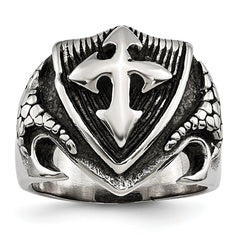 Chisel Stainless Steel Antiqued Polished and Textured Shield Ring