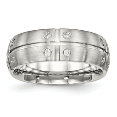 Stainless Steel Brushed and Grooved w/CZ 8mm Half Round Band
