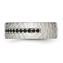 Chisel Stainless Steel Brushed and Hammered with Black CZ 7.5mm Band