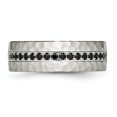 Chisel Stainless Steel Brushed and Hammered with Black CZ 7.5mm Band