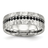 Chisel Stainless Steel Brushed and Hammered with Black CZ 7.5mm Band
