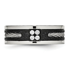 Stainless Steel Polished Black IP Laser Cut w/Cable Inlay & CZ 8mm Band